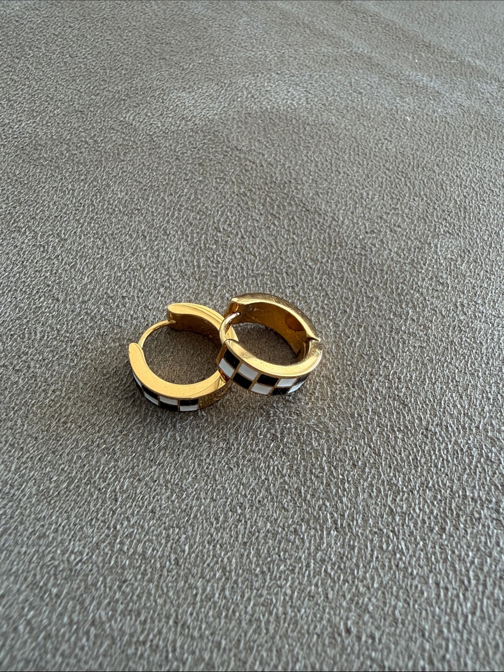 Gold Huggie Hoop Earrings with Black and White Inlay